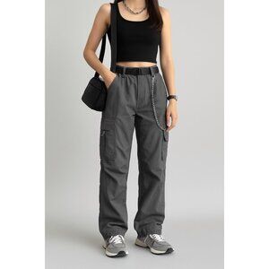 Rachel Paige L Utility Cargo Pants Gray Lightweight Back Elastic Waist D-Rings